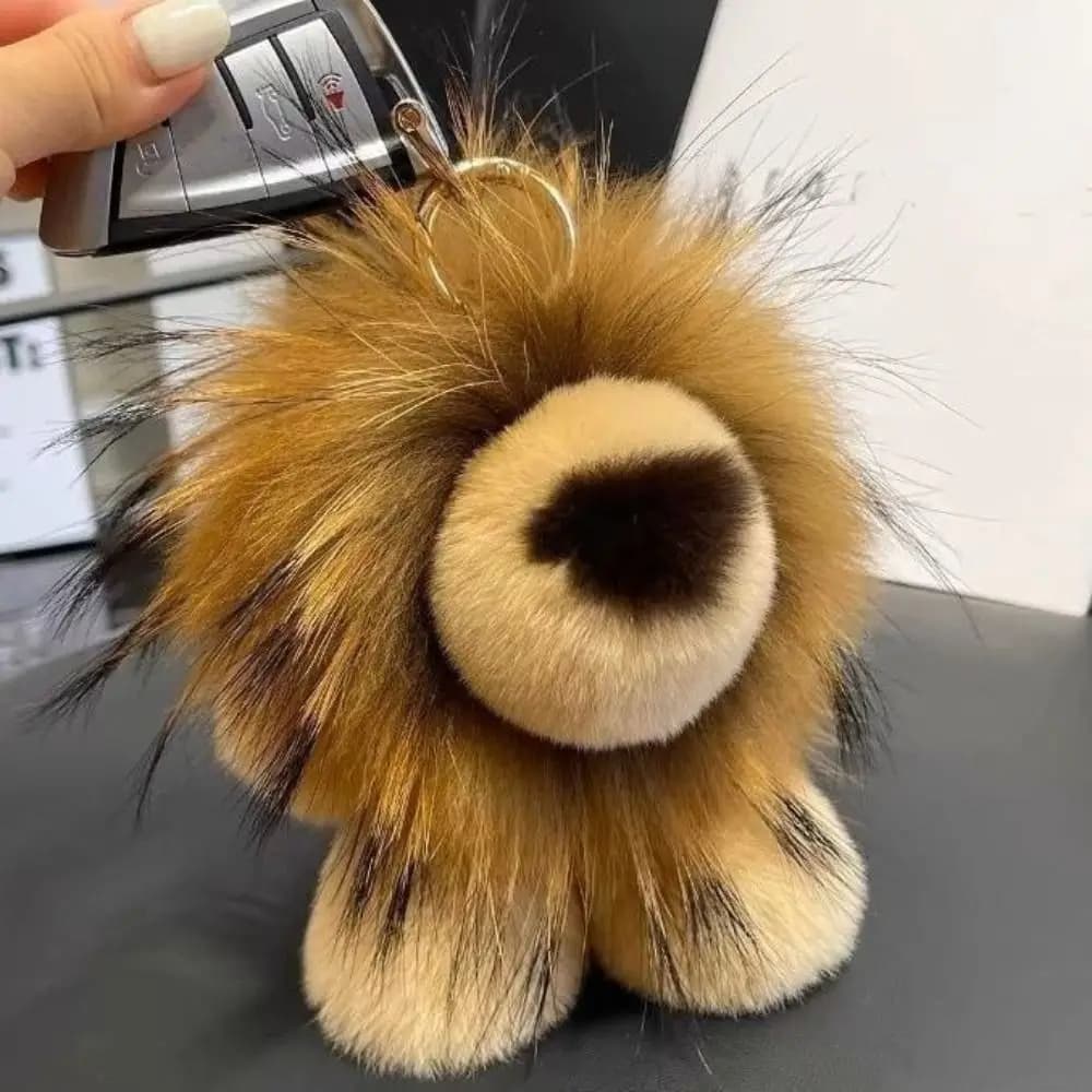Nuovo portachiavi in pelliccia di coniglio cartone animato piccolo leone portachiavi in lega borsa pompon ciondolo chiave auto
