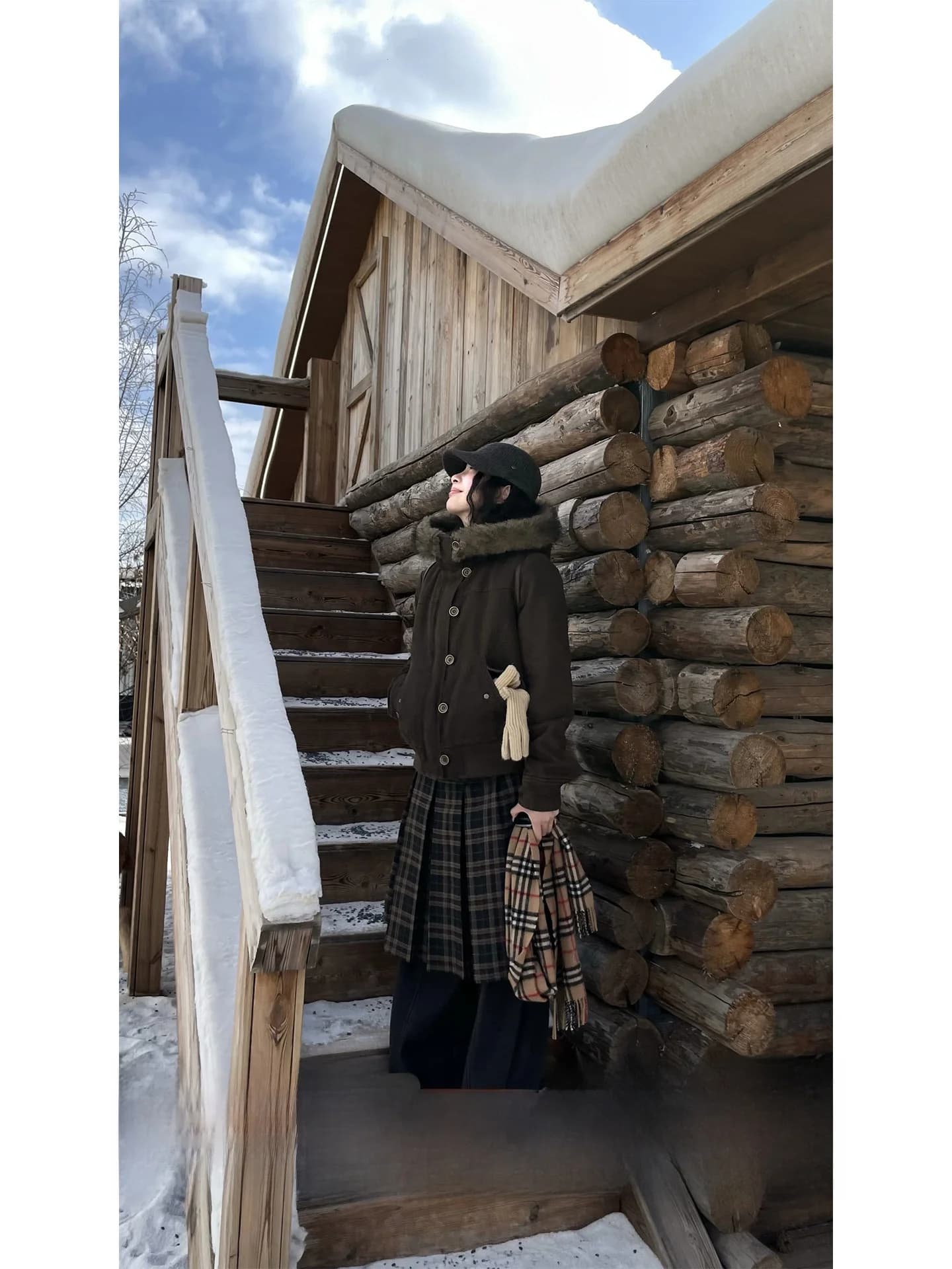 East West past Vintage Fleece Lined Plaid Skirt Coat Women's Long Sleeve Button up mid Length Polyester Spandex Blend