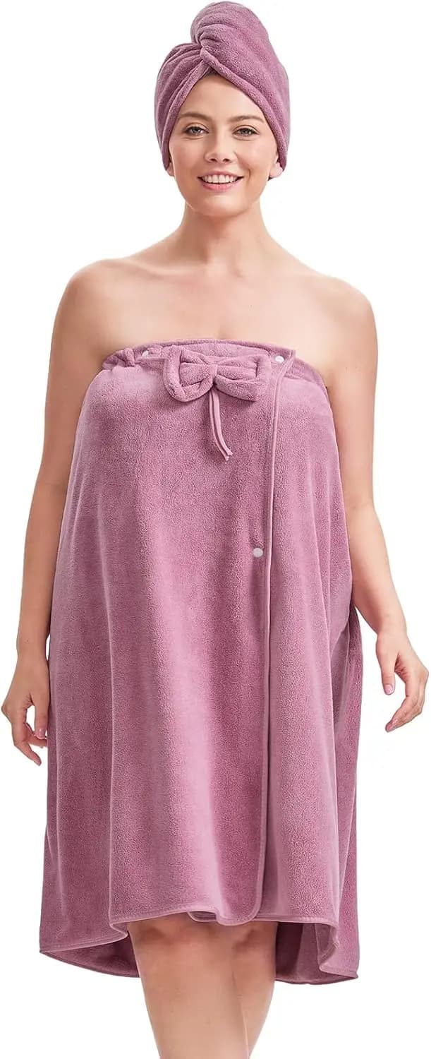 Accappatoio in spugna taglie forti con asciugamano per capelli, XXL-XXXXL, ad asciugatura rapida per donna, viola
