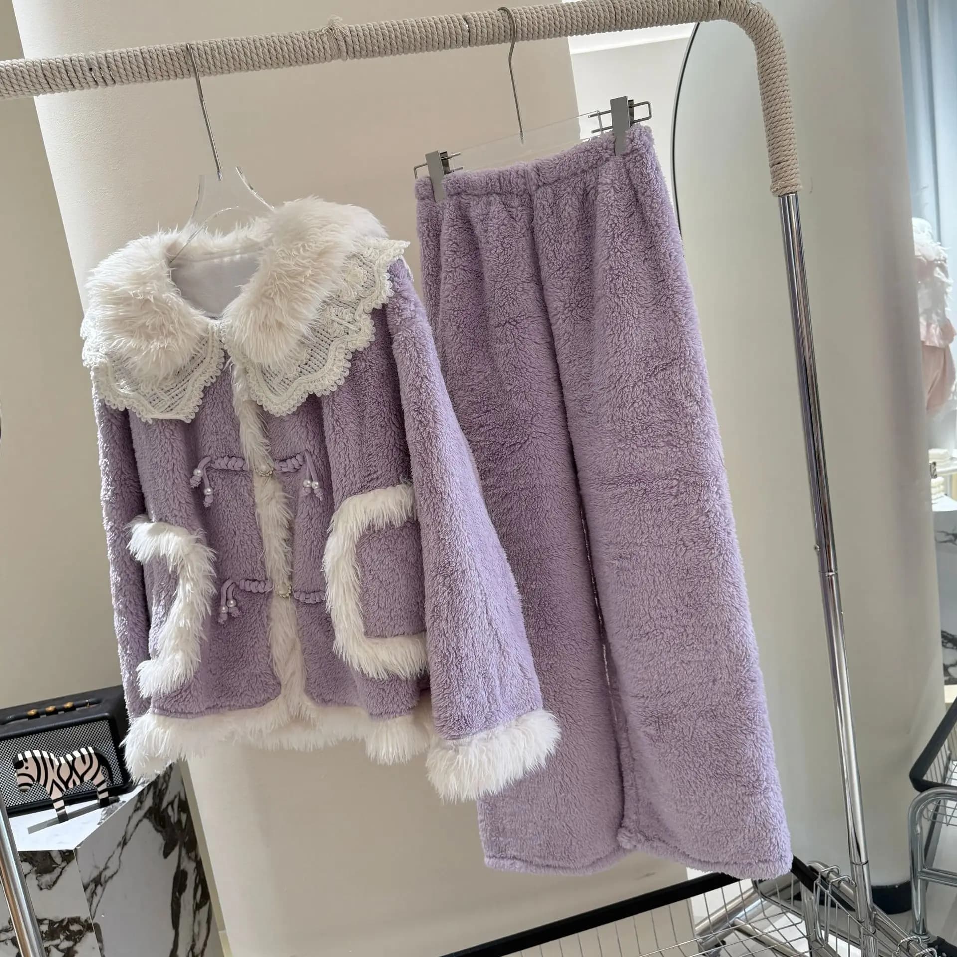 Pigiama da donna in flanella Set addensare camicia calda Tailleur pantalone Abiti per la casa Autunno Inverno Pile di corallo Pigiama da notte