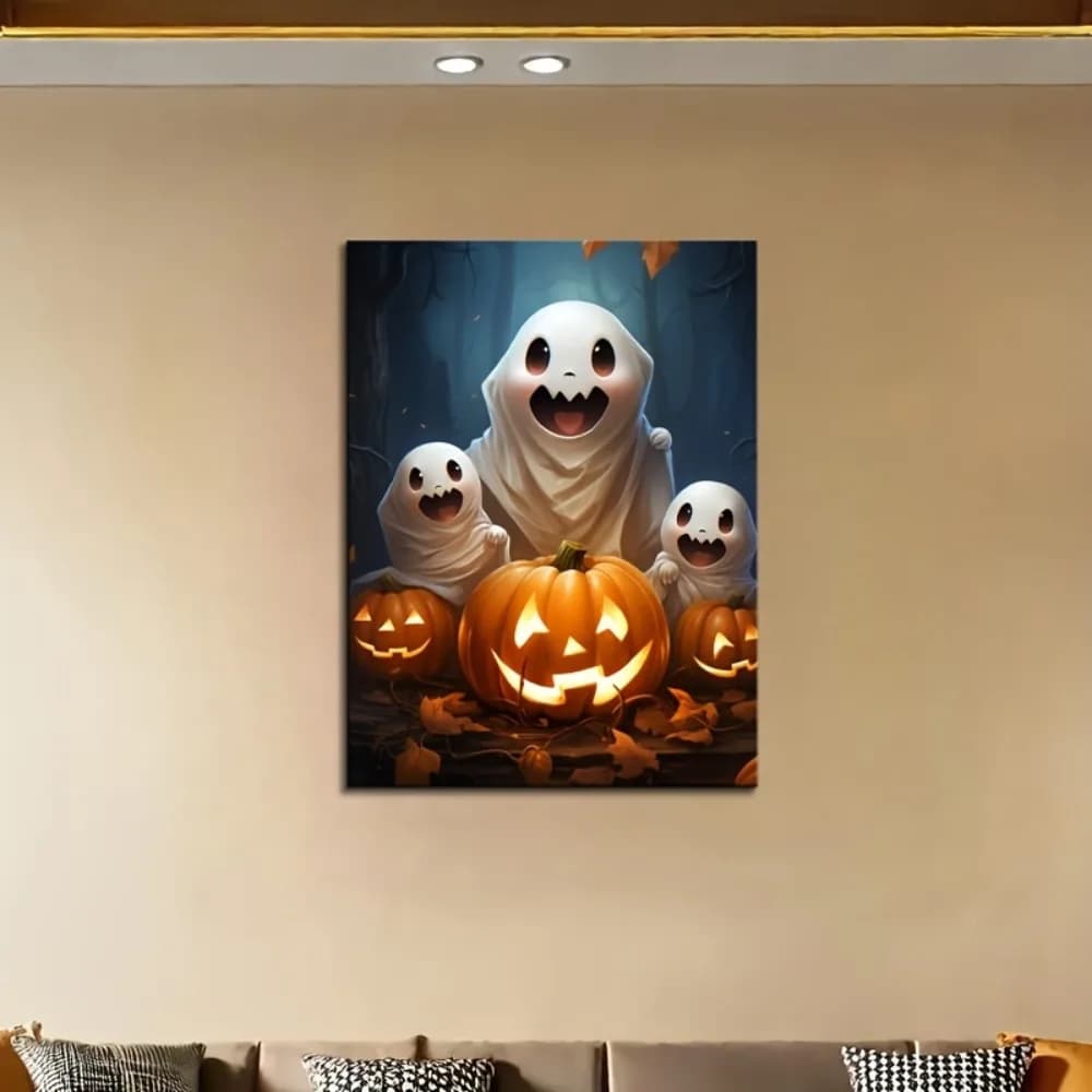 1.5 inch solid wood frame, Halloween pumpkin ghost wall decoration, hanging image for home and dorm decoration.