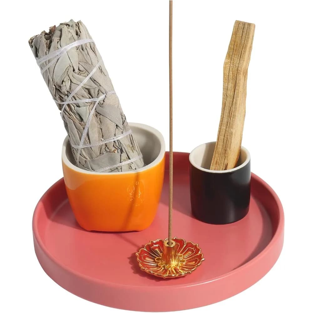 Portaincenso 4 in 1, porta bastoncini palo santo in ceramica da 5,5", porta salvia per bruciare, bruciatore di incenso salvia per meditazione yoga ro