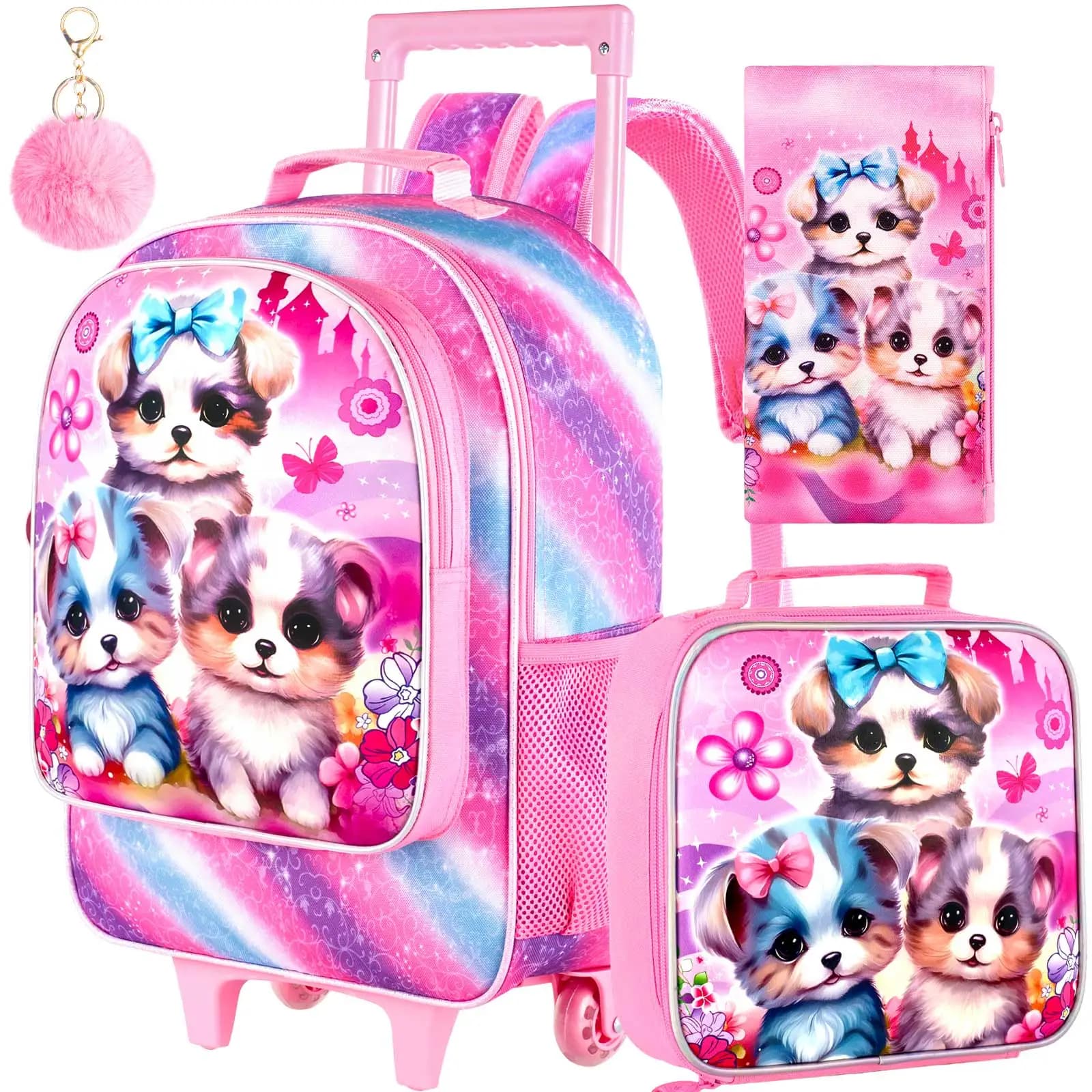 Zaino con ruote da 3 pezzi per ragazze, zaino con ruote per bambini, borsa per la scuola elementare con ruote e borsa per il pranzo - Cane