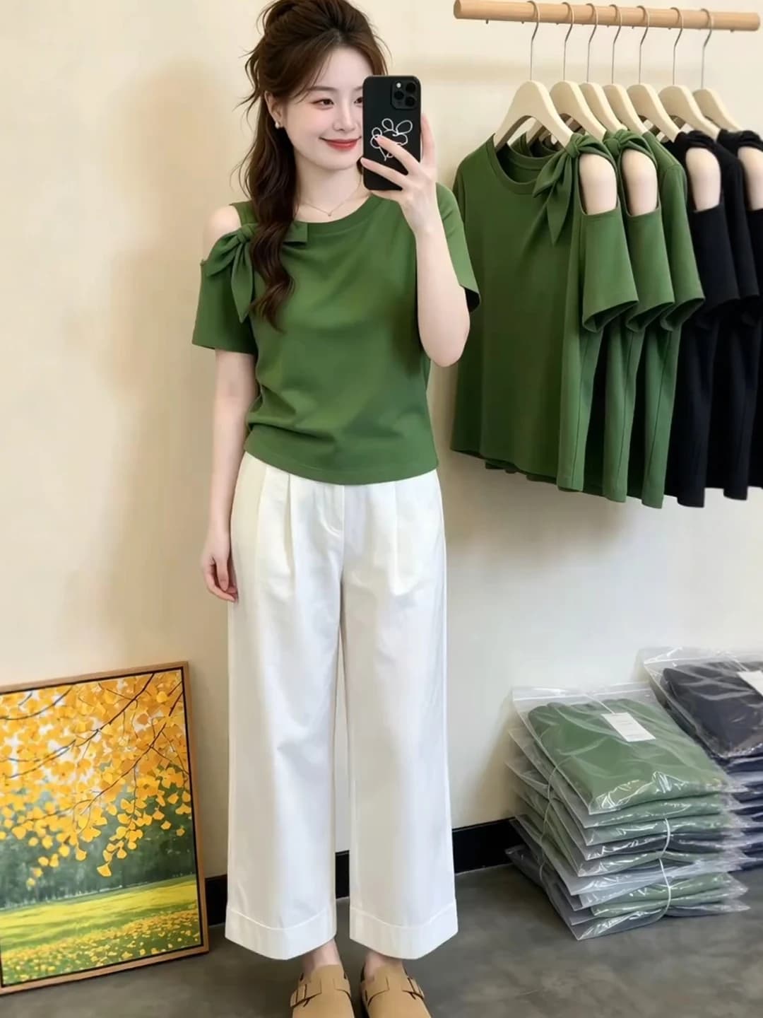 Unique Hollow out Shoulder Green Short Sleeve T-Shirt Women's plus Size Summer New Style Slimming Top Korean Style Commute