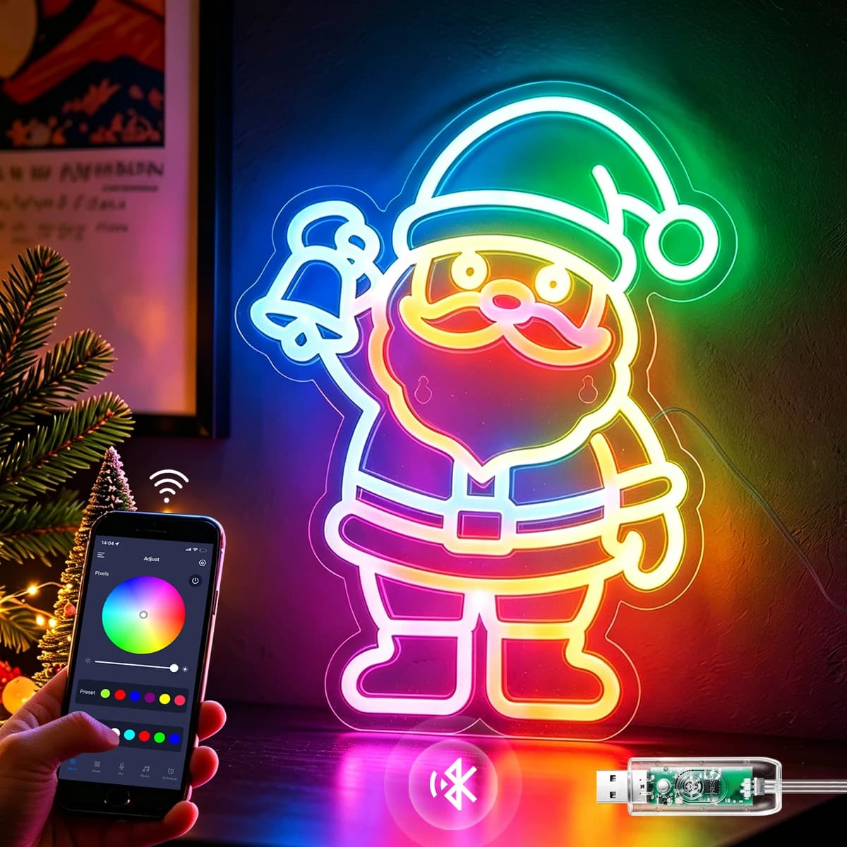 Santa Claus / Snowman USB 5V RGBIC Neon Signs Smart Bluetooth LED Fairy Light For Christmas Party Wall Decor Lamp Children Kid's