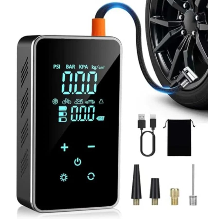 Compressore d'Aria Portatile per Pneumatici - Gonfiatore 150PSI per Auto e Bici con Schermo Touch, Manometro e Luce - Gonfiaggio 3 Volte Più Veloce