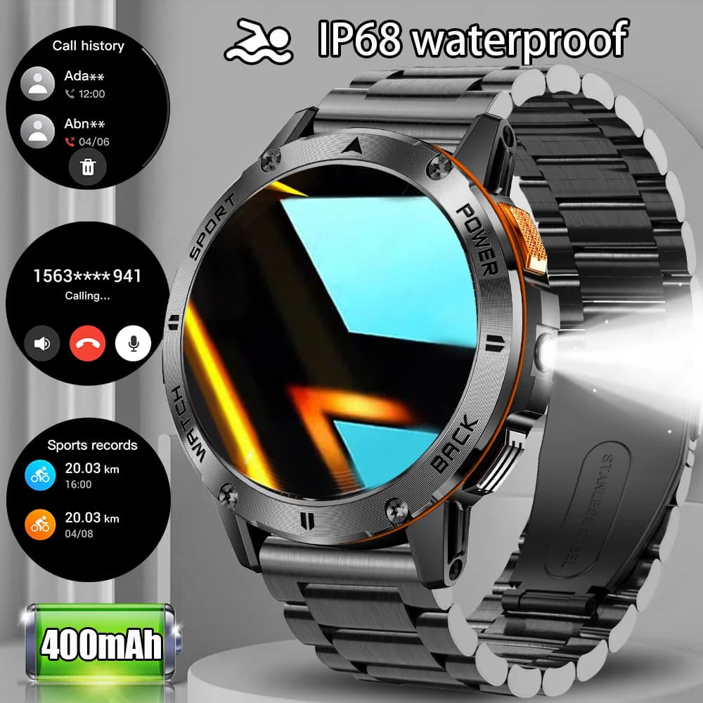 Outdoor military smartwatch with 1.53 inch AMOLED screen, equipped with GPS tracking function and Bluetooth call function.
