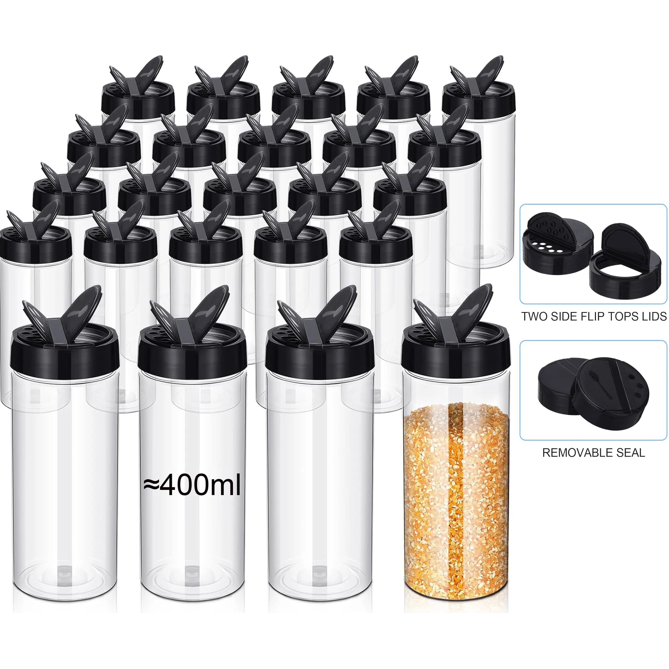 Contenitori per Spezie in Plastica Trasparente da 400ml con Coperchio Dosatore per Cucina e Barbecue