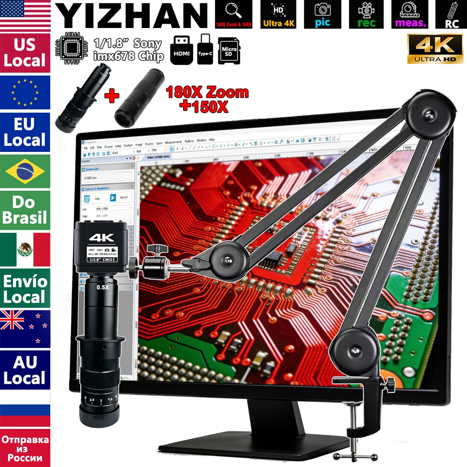 microscopio digitale per elettronica YIZHAN 4K, Fotocamera con Sensore imx678 da 1/1.8 pollici, Zoom 180X, Due Lenti C-Mount 150X, Braccio a Sbalzo, Funzione di Misurazione, lente d’ingrandimento professionale digitale