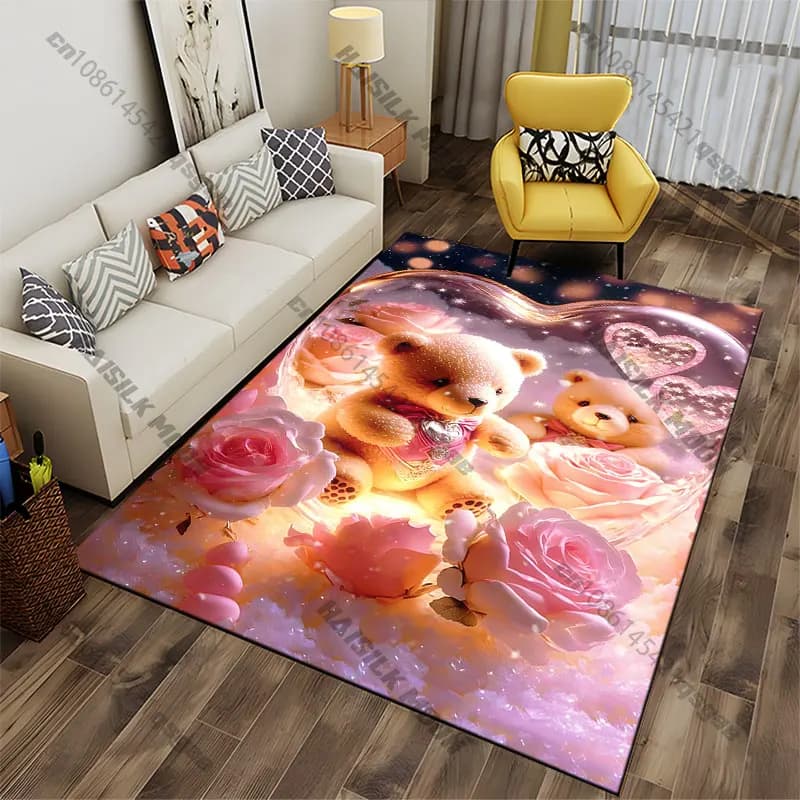 Tappeto con orsetti e rose, caldo e accogliente, per yoga, soggiorno, decorazione, tappetino per bambini, zerbino, tappeto per giochi