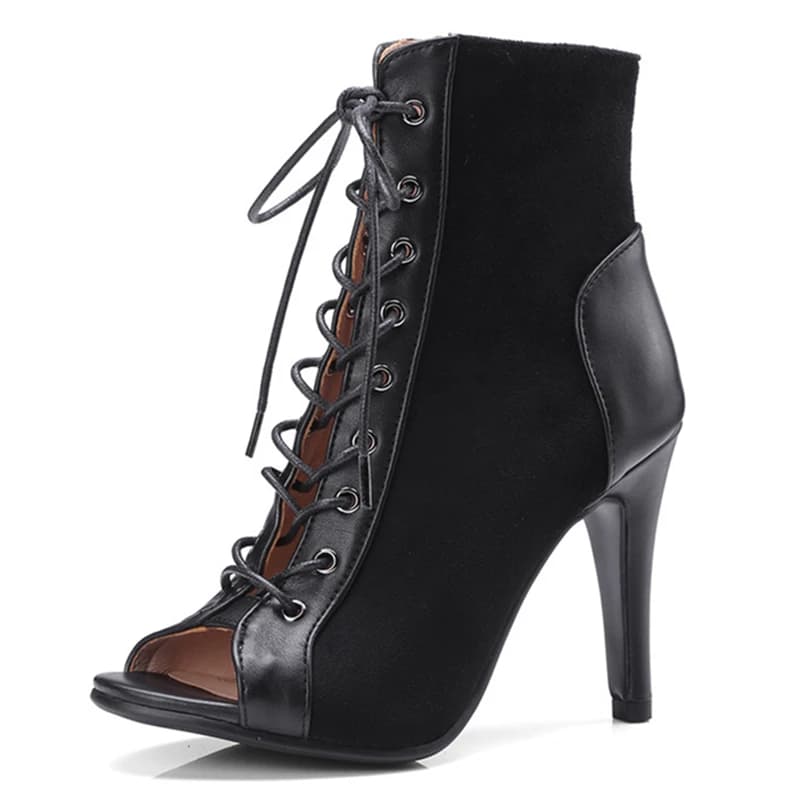 Black Summer High Heels Ankle Boots For Women 2026 Spring Peep Toe Lace Up Pumps Party Jazz Dance Shoes Suede Ladies Large Size
