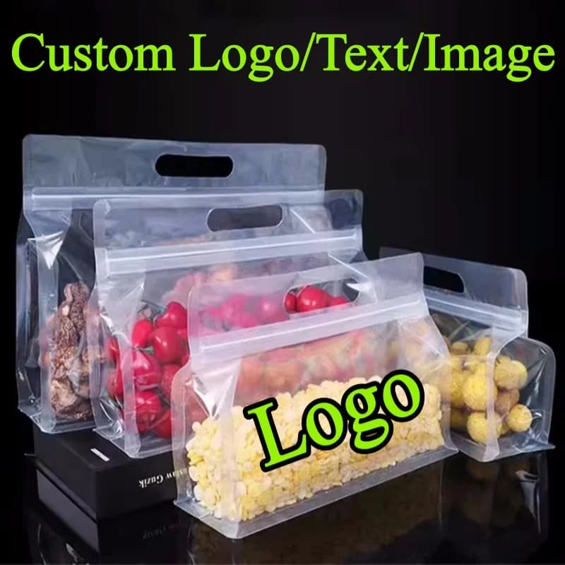 100PCS 3D Stand-up Clear Portable Plastic Ziplock Bag DIY Logo Coffee Snack Sugar Beans Wedding Party Storage Packaging Pouches