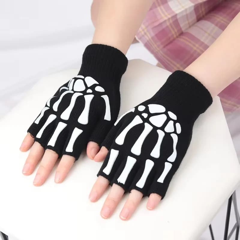 1-7 paia di guanti punk unisex guanti mezze dita scheletro di Halloween che si illuminano al buio guanti invernali in maglia elasticizzata senza dita