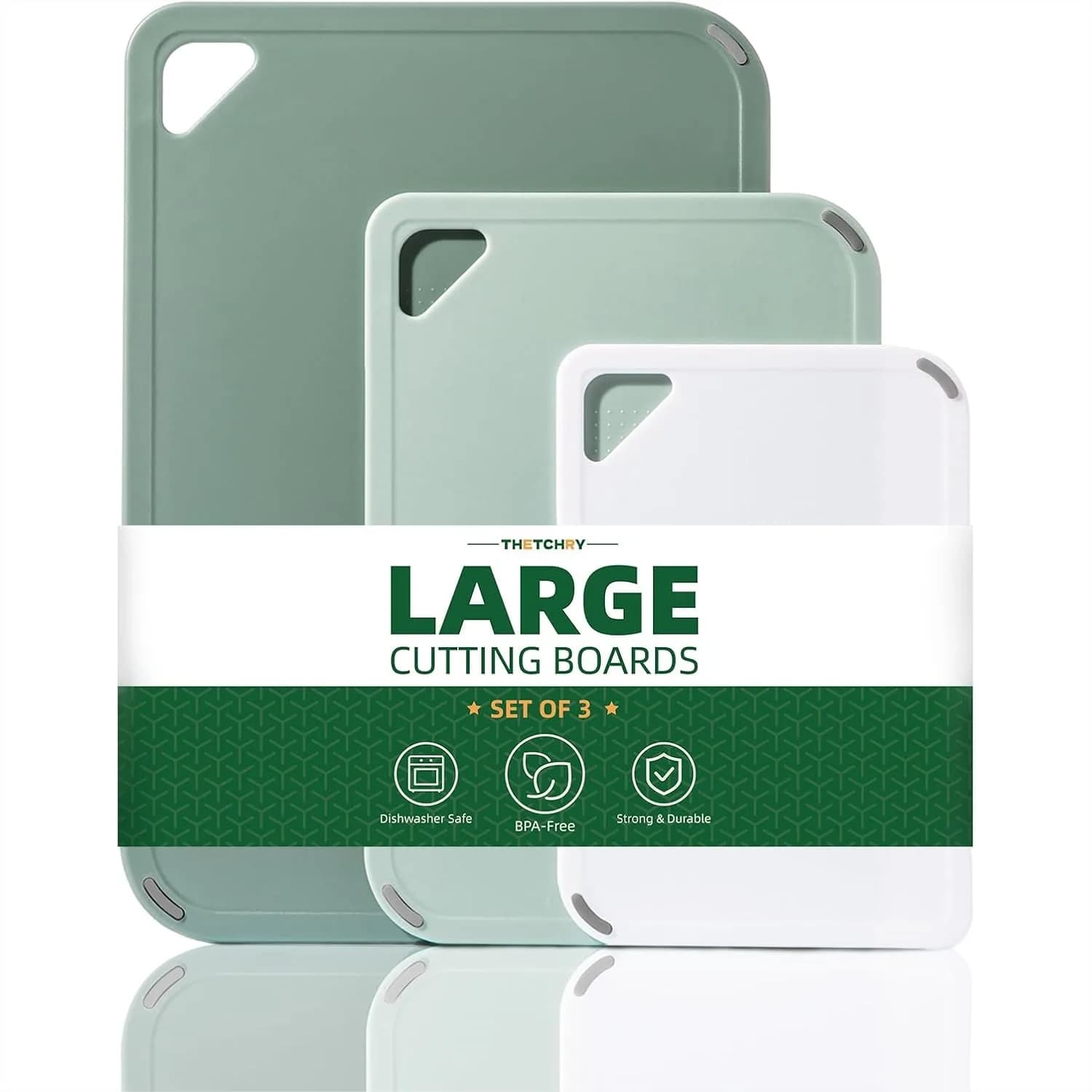 Set di 3 taglieri in plastica per cucina, taglieri grandi e piccoli antiscivolo con impugnatura, lavabili in lavastoviglie, reversibili, 15x10x0,25 pollici, verdi