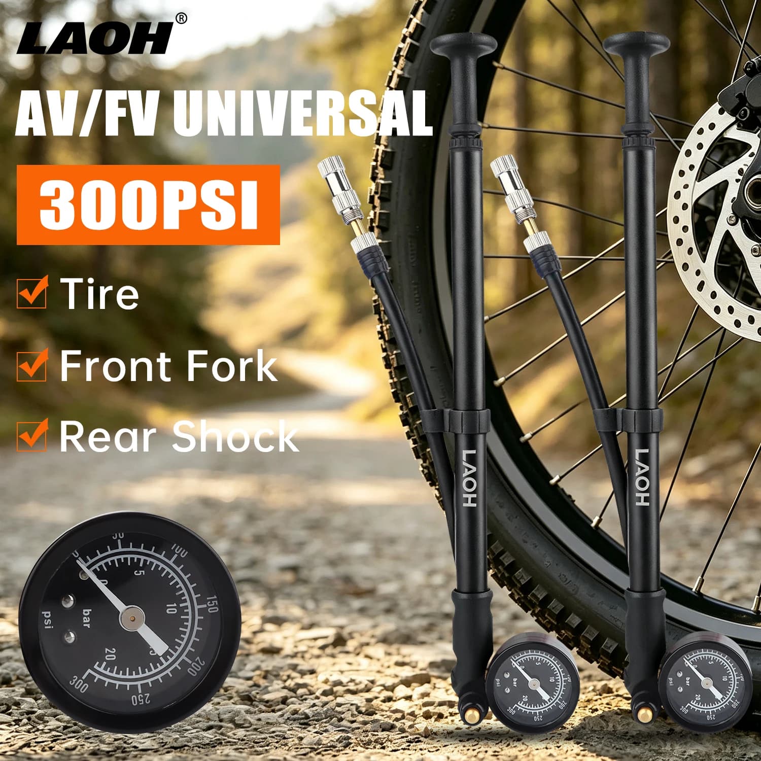 LAOH 300PSI High Pressure Bike Shock Pump W/ Gauge AV/FV Universal Portable Mini Pump for Tire Front Fork Rear Suspension