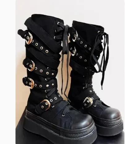 Canvas Street Style Round Toe Belt Buckle Knee-High Platform Women Boots Height Increasing Sole Lace Up Design Large Size Shoes