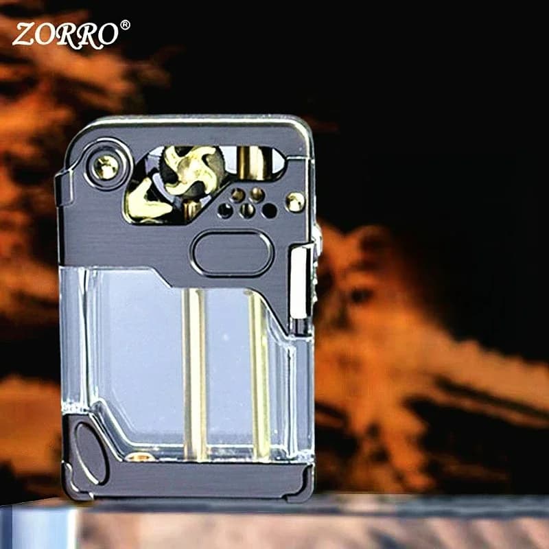NEWZORRO Armor Wind And Fire Wheel Transparent Oil Tank High End One Click Launch Ignition Windproof Fuel Oil Lighter Safety Loc