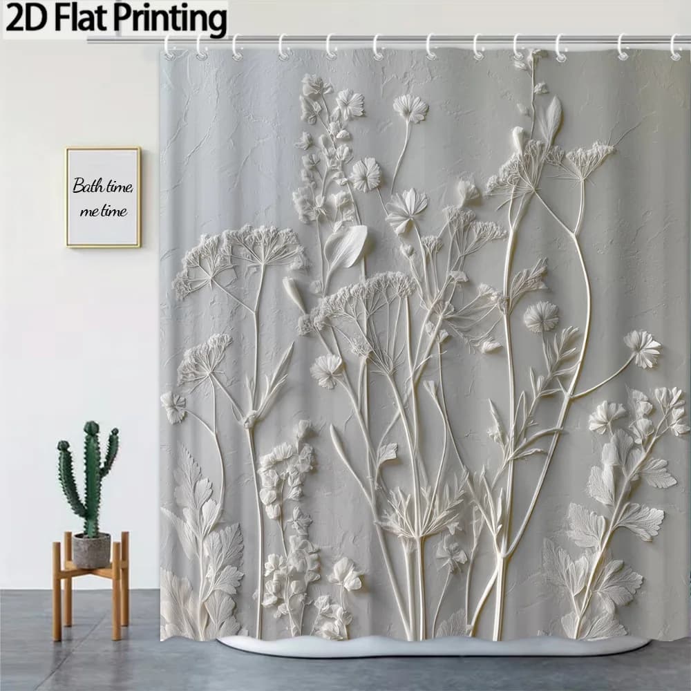 Tenda da doccia in stile vintage con design piatto 2D, con motivi di fiori bianchi, realizzata in tessuto di poliestere. It