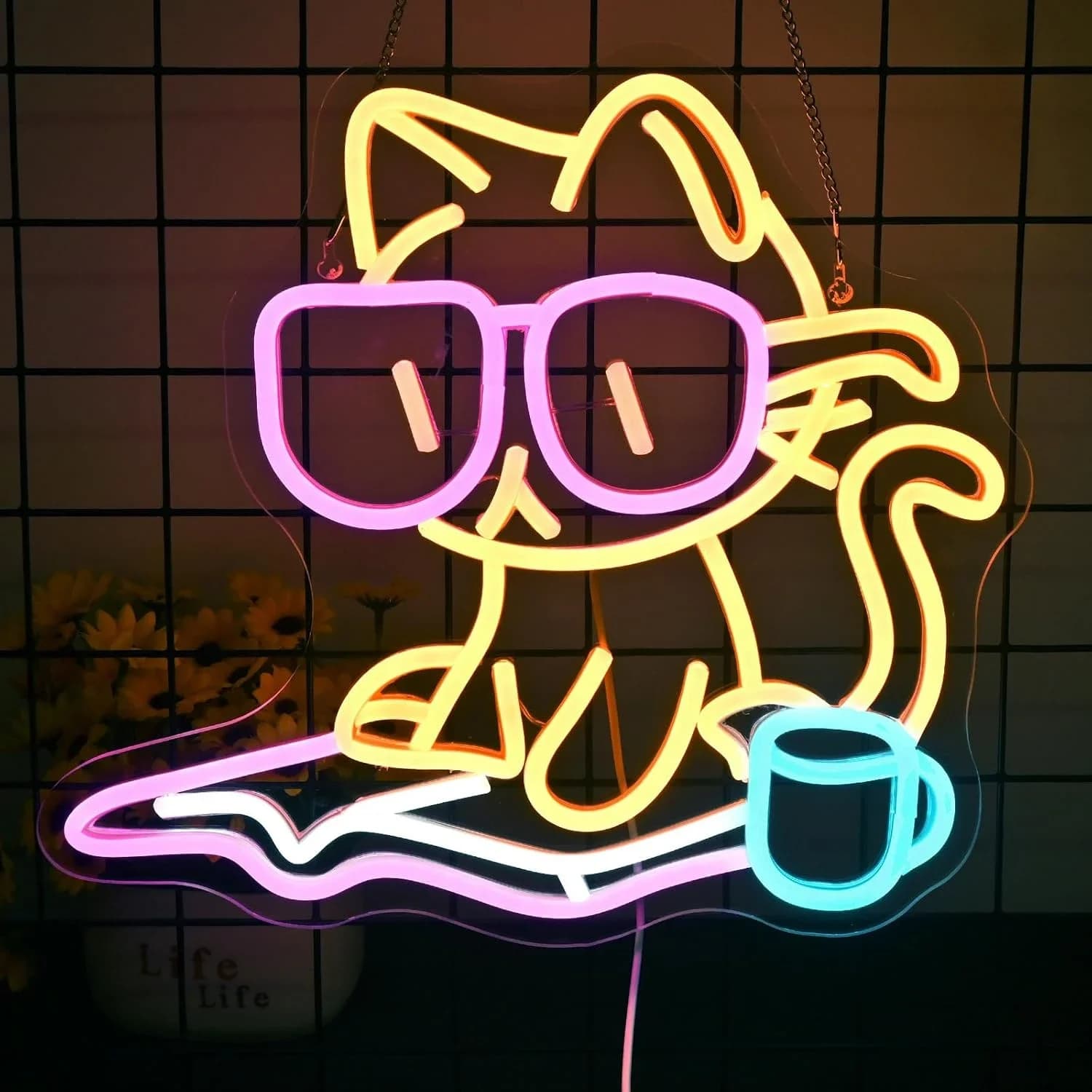 Insegna LED Neon a Forma di Gatto Carino con Occhiali che Legge un Libro per Camera da Letto, Soggiorno, Caffetteria, Studio - Luce Notturna a Tema per un'Atmosfera Accogliente e Divertente
