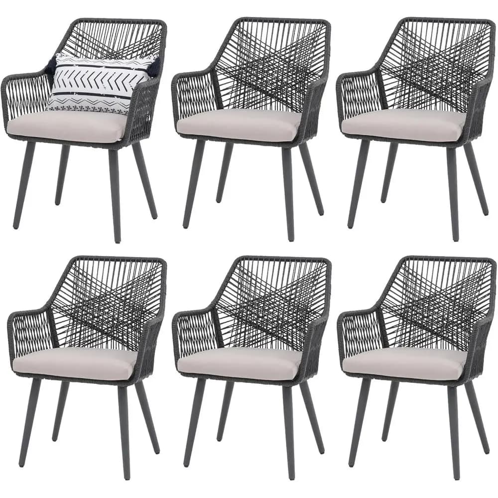 Patio Dining Chair Set o 6, Woven Rope Outdoor Dining Chairs w/Steel e, All-Weather ed Rattan Chairs w/Armrest & Cushion, Outdoo