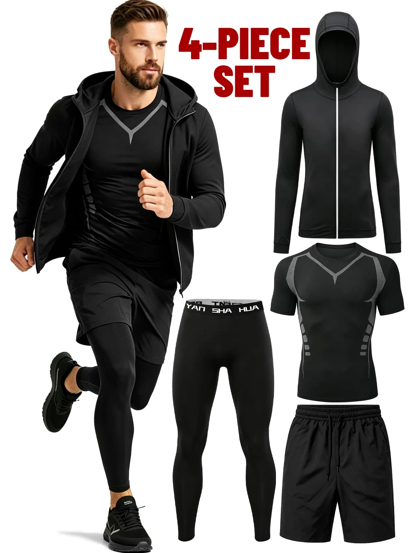 This Men's Four-Piece Tracksuit Includes A Zip-Up Hoodie, A Sports T-Shirt, Running Shorts, And Stretch Leggings. Made From Quick-Drying, Breathable, And Elastic Fabric, It's Perfect For Running And Workouts, Suitable For All Seasons