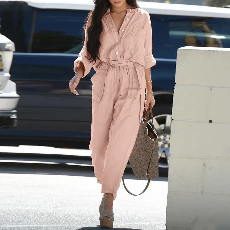 Casual Overalls For Women Cotton Linen Long Sleeve Button Belt Full Jumpsuit Autumn Elegant Workwear Woman One Pieces Jumpsuits