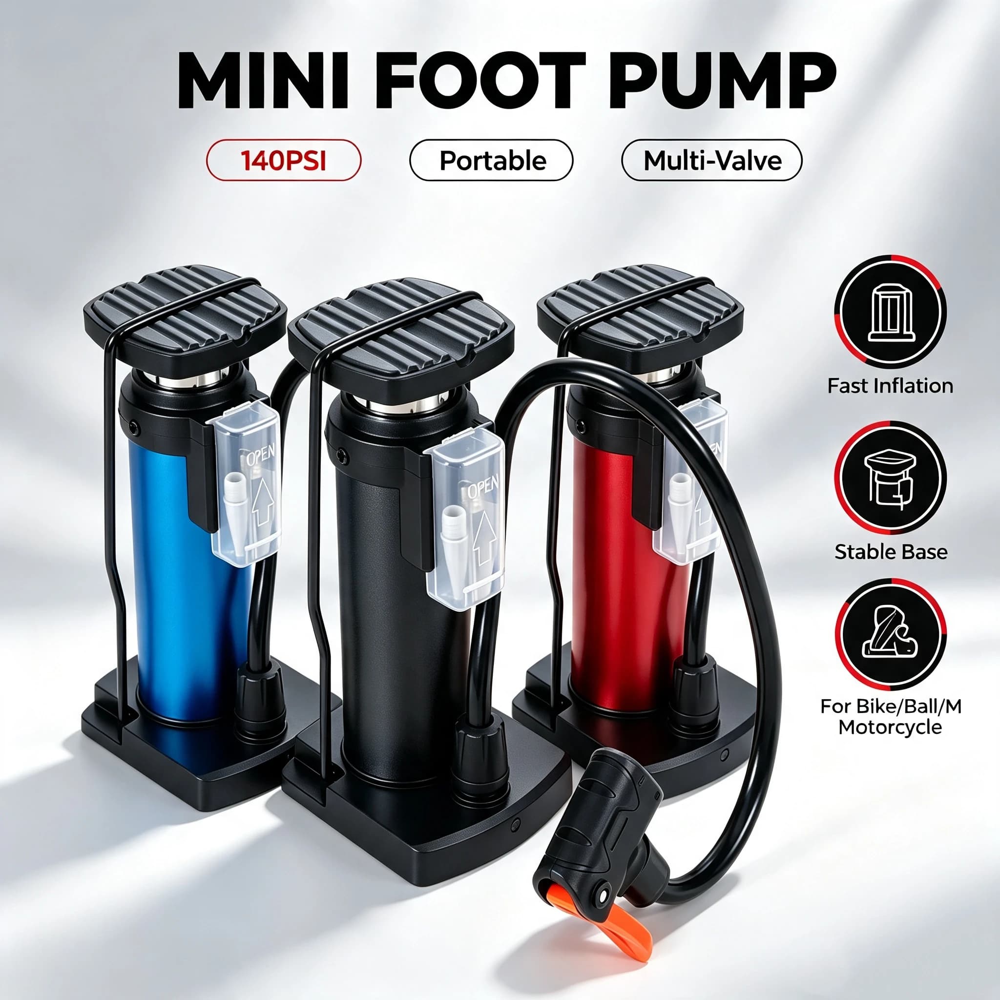Portable Bike Pump Three Colors - Black Red Blue Simple Design Bicycle Air Pump for Cycling Gear