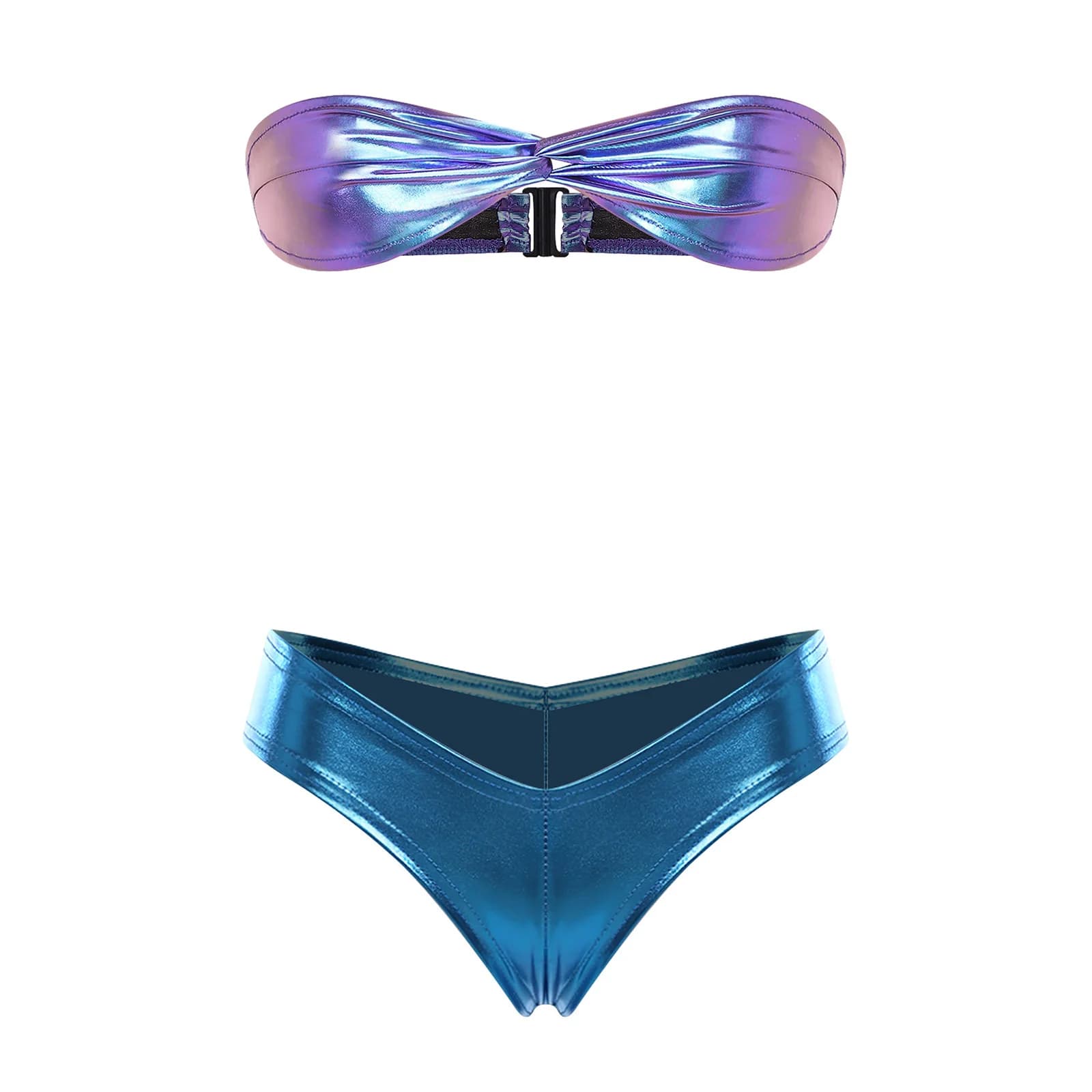 Costumi da bagno metallici da donna: set bikini con top a fascia e nodo intrecciato sul retro, slip a vita bassa, per mare e piscina