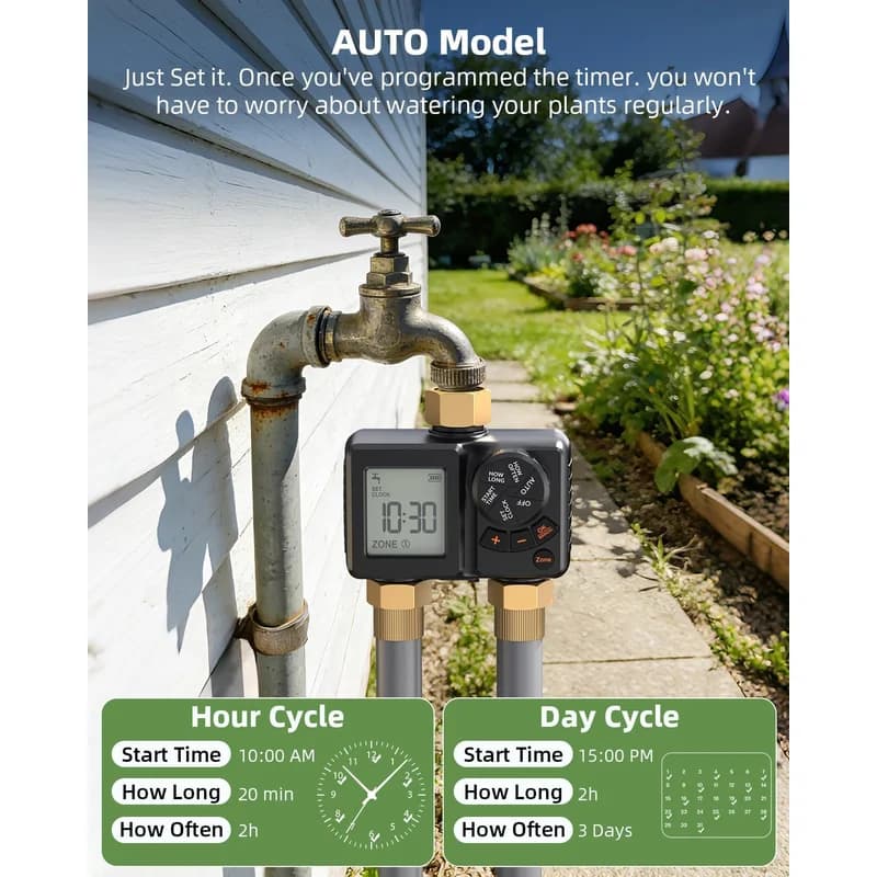 Timer per Irrigazione a 2 Zone per Tubo da Giardino, Controllo Irrigazione Automatico/Manuale/Con Ritardo, Ingresso in Ottone, Impermeabile IPX6