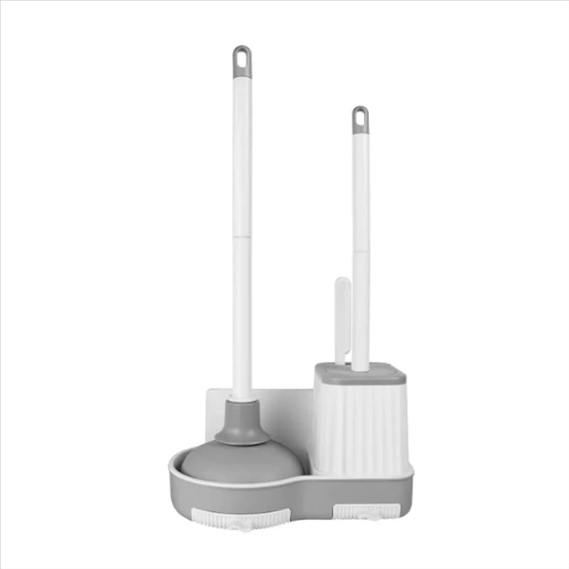 Combinazione di stantuffi e spazzole bianche con supporto, scopino per WC e set di stantuffi con spazzola per la pulizia delle fessure