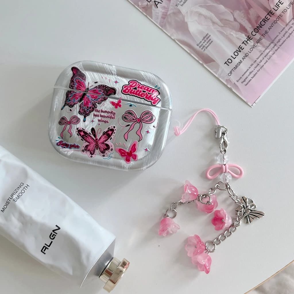 Custodia per auricolari AirPods 1 o 2, 3, 4, Pro 2, Pro 3 alla moda, con motivo a filo argentato effetto piuma, fiocco a farfalla rosa e ciondolo