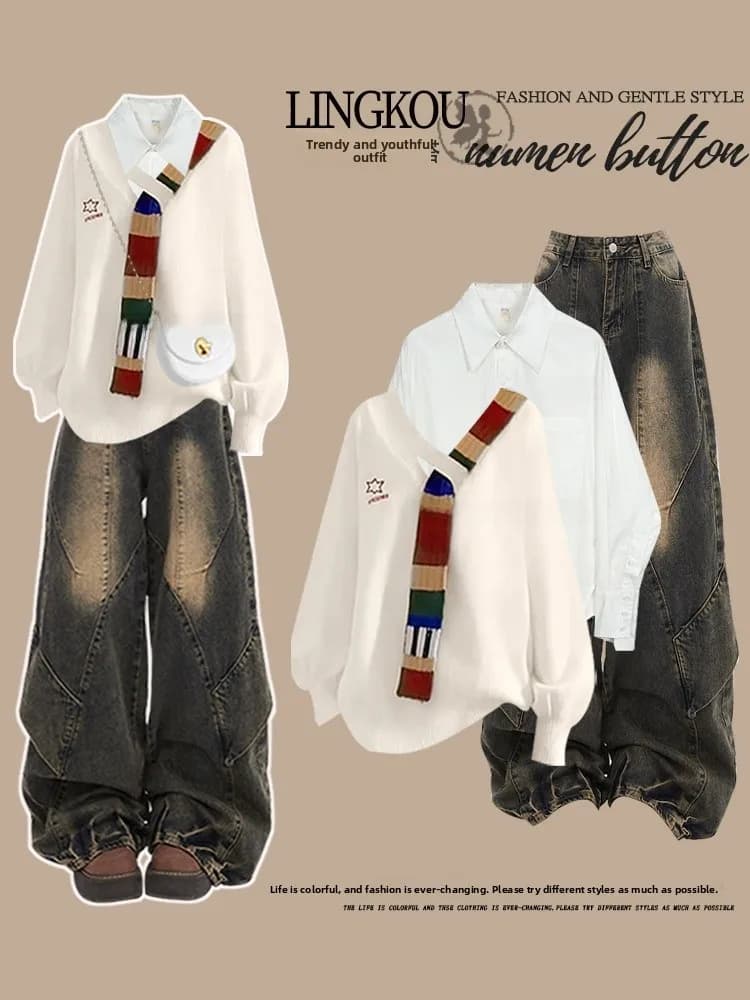 Anti-Aging Large Size Knitted Sweater Shirt And High Waist Denim Jeans Women's Fashion Set Three-Piece Vintage Autumn Outfit