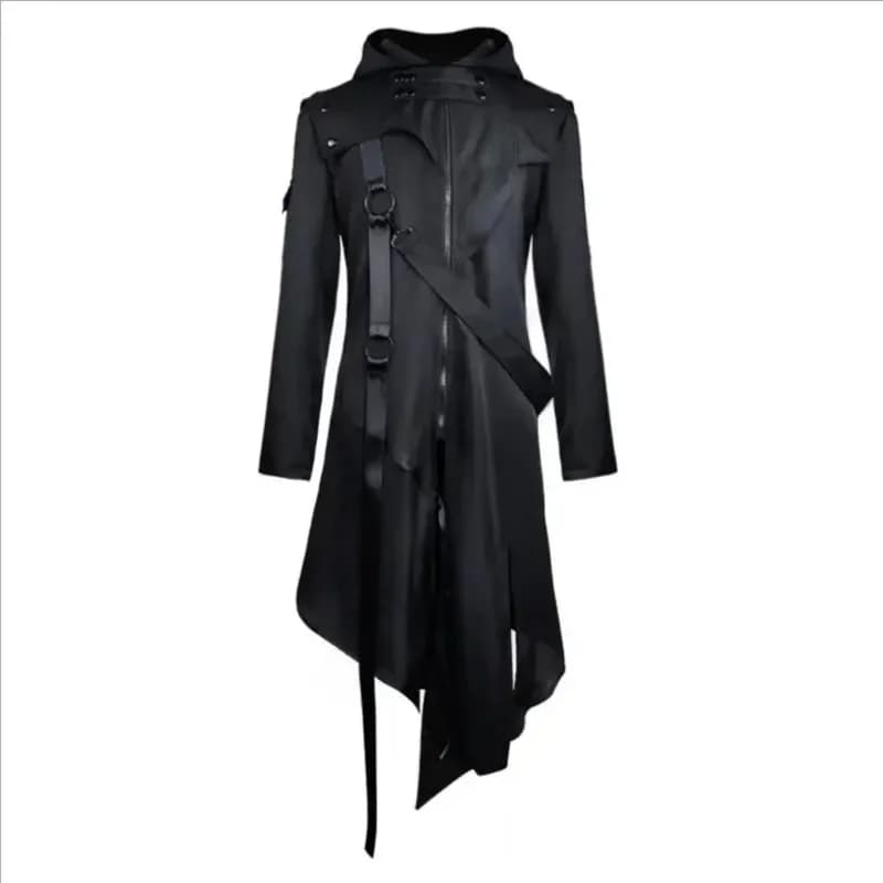 Trench hip-hop con cappuccio irregolare gotico da uomo medievale Steampunk lungo design nero soprabito Assassin Cosplay Costu