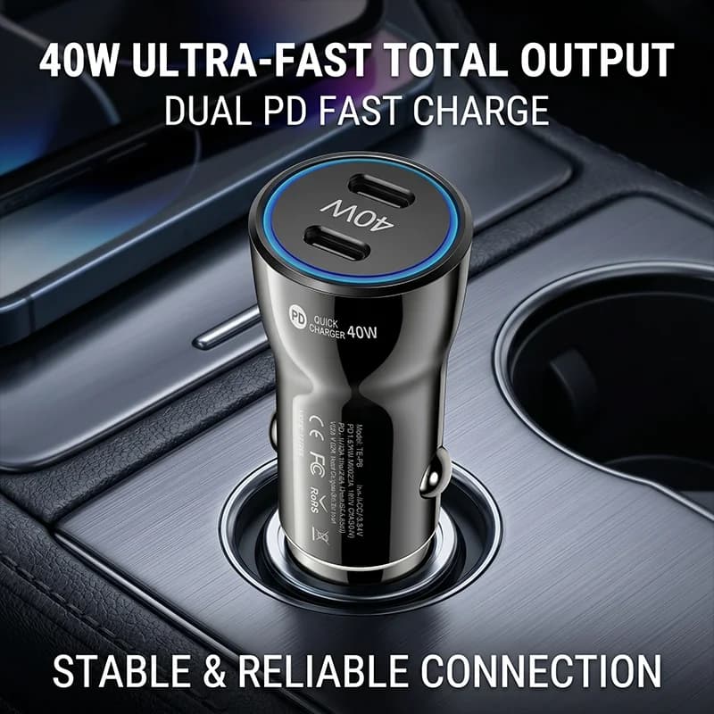 Caricabatterie da auto 40W PD Dual USB C, adattatore di alimentazione rapido con gancio anti-caduta e scocca in PC, compatibile con telefoni, tablet e dash cam per iPhone