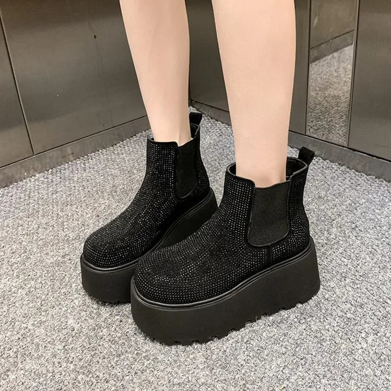 7CM Nuove Donne Appartamenti Stivali Della Piattaforma di Cristallo Bling di Lusso Scarpe Alla Caviglia Inverno Tenere Al Caldo Pelliccia Stivali Da Neve Donna Botas Mujer Zapatos