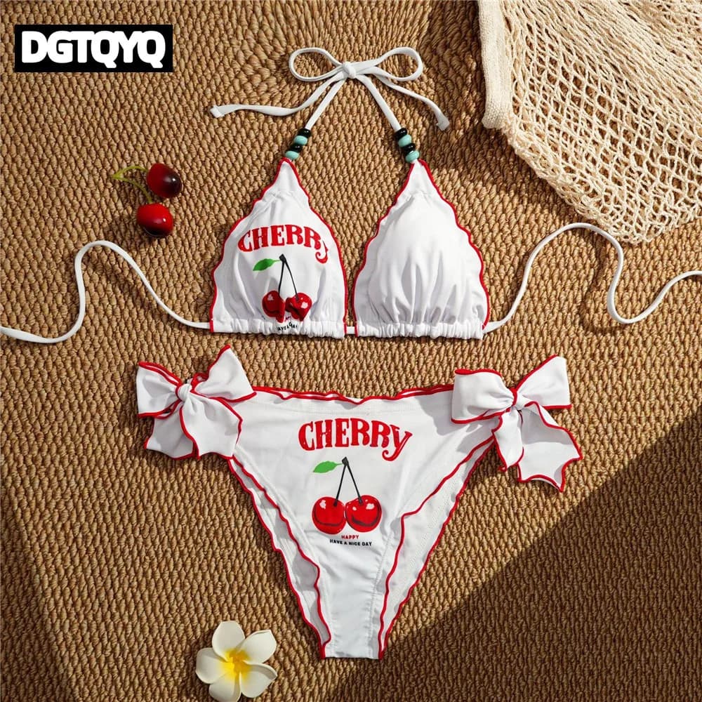 Sexy Cherry Print Triangle String Halter Bikinis Sets Bow Knotted Thong Swimsuit Women 2026 Bead Lace-up Swimwear Bikini Mujer