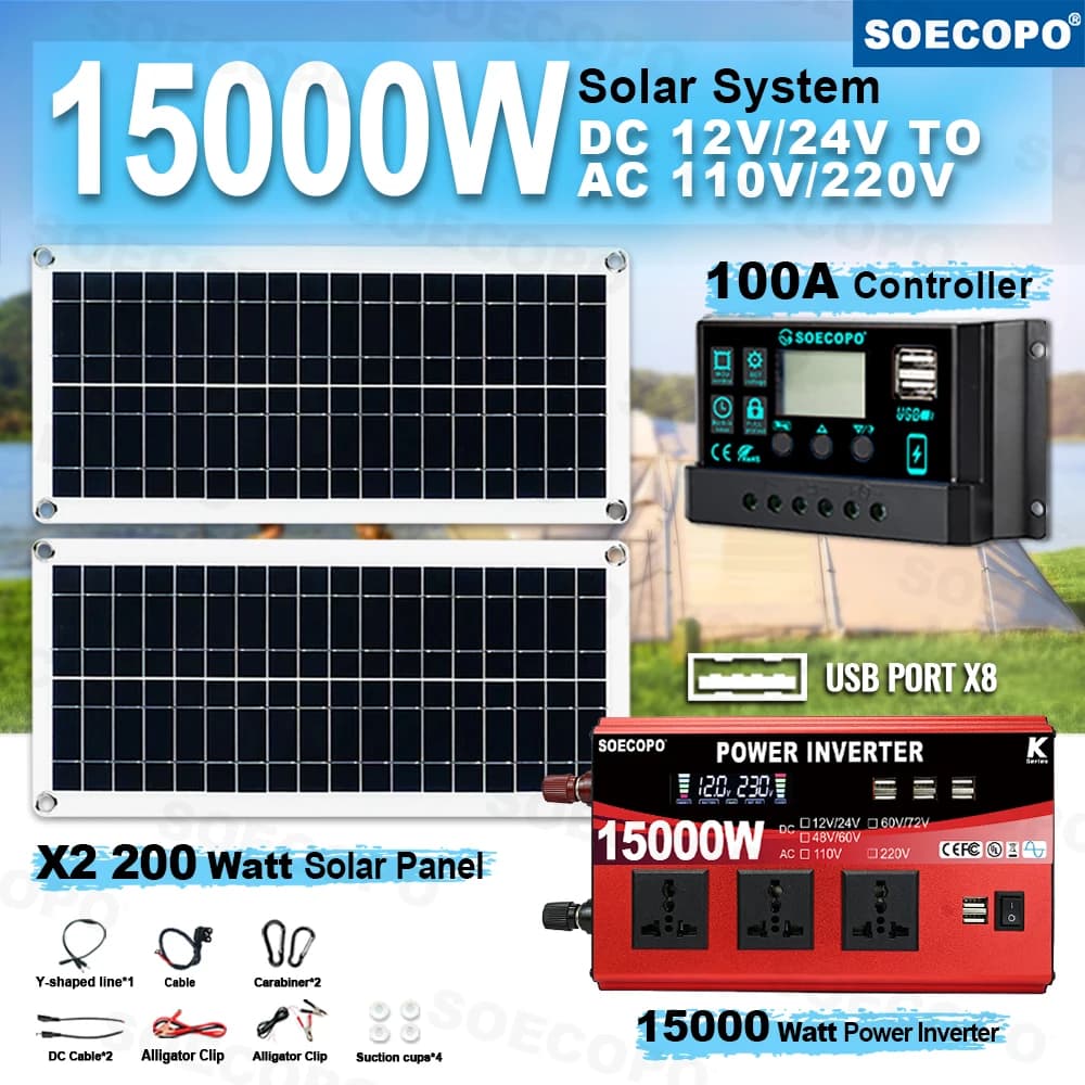 SOECOPO Portable power station 15000W Solar Energy System 2×200W Panels 100A Controller 8×USB Fast Charging for ca'r Mobile Offi