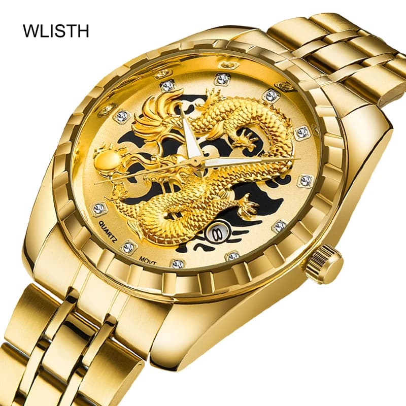Top Luxury Fashion Men Watch Quartz Dragon Pattern Luminous Gold Color Stainless Steel Band Classics Men Watch