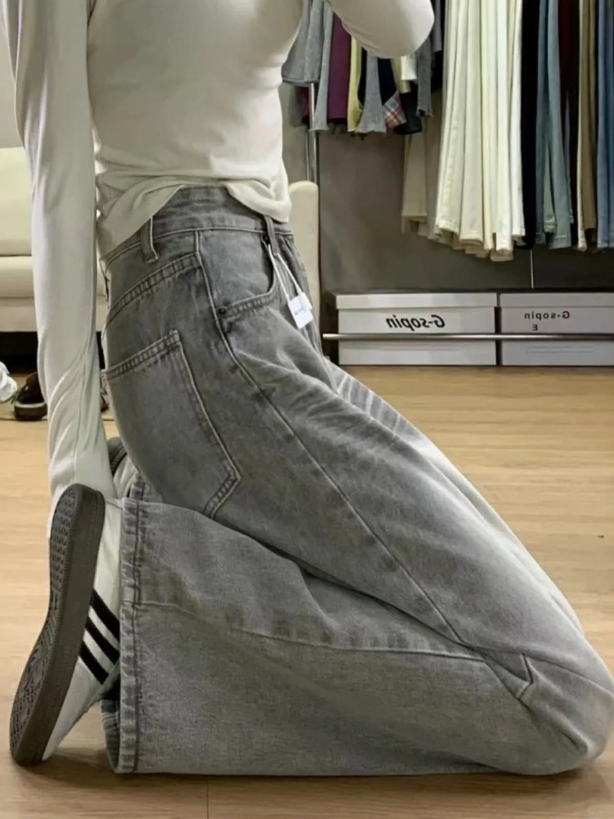 American Style Vintage Grey Wide Leg Jeans Women's Spring New Slimming Design Drapey Loose Straight Floor-Length Pants