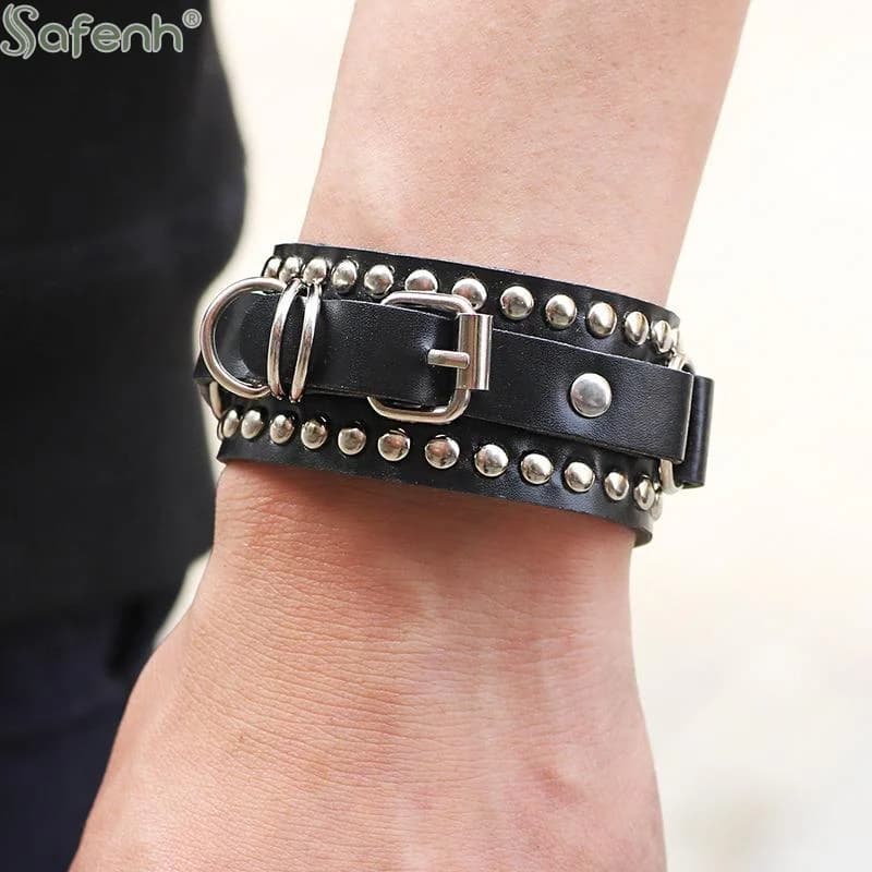 Bracciale Gotico in Pelle con Borchie e Chiodi, Stile Punk, Regolabile, per Uomo e Donna, Moda Rockout