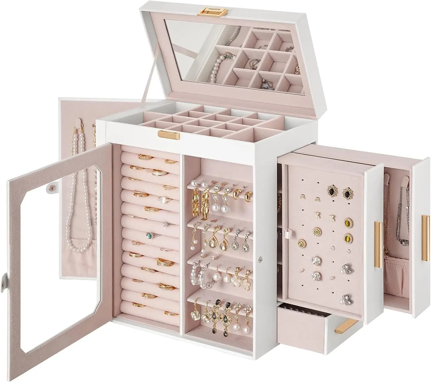 Jewelry Box with Mirror, Travel Jewelry Organizer with Glass Window, Jewelry Storage Case, Vertical Storage, Gift for Loved Ones, for Earrings, Rings, Necklaces, Bracelets, White WT03JB04G2