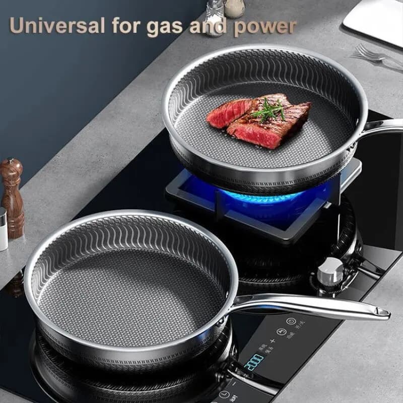 Stainless Steel Non-stick pan with Base Plate for Cooking Eggs, Steaks, Pancake, Universal Kitchen Tools for Home Stoves