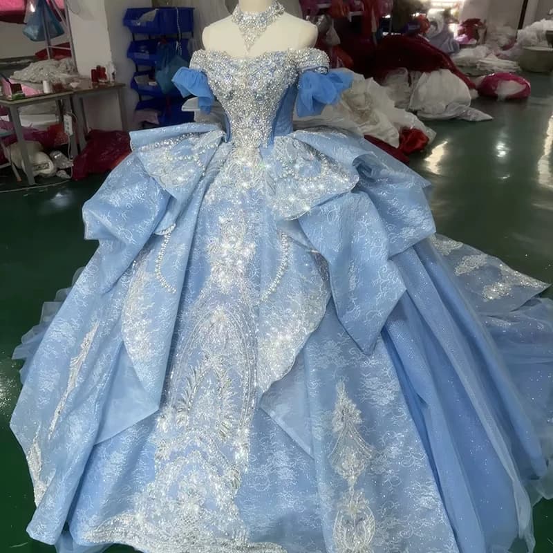 Abito da ballo blu con scollo a cuore, spalle scoperte, allacciatura posteriore, fiocco, perline di cristallo, abiti lunghi per occasioni speciali
