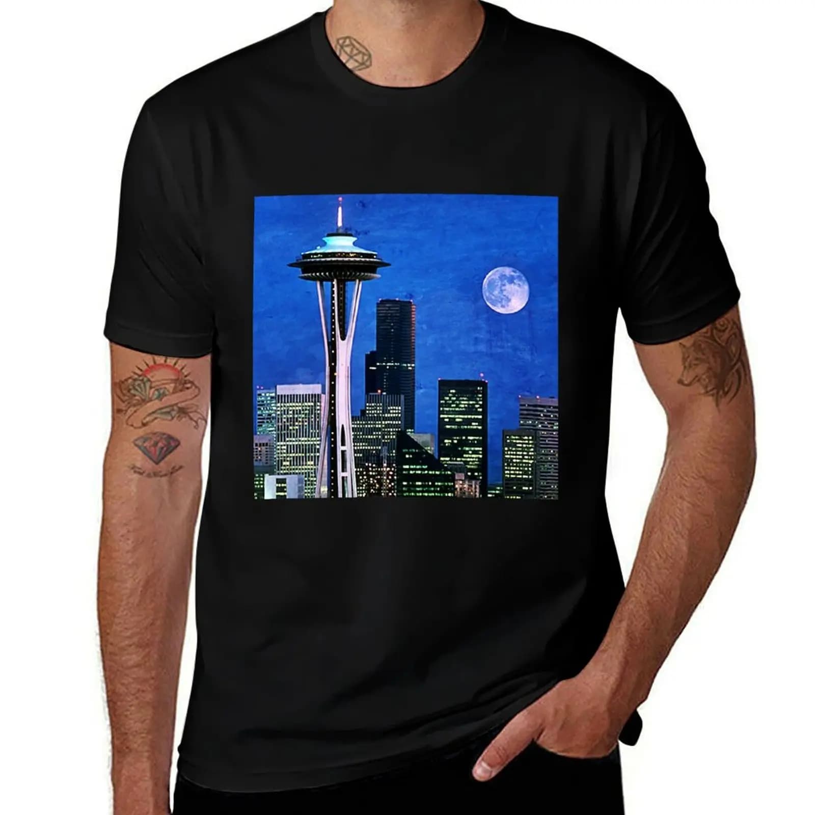 T-shirt blu Seattle Space Needle, maglietta casual a maniche corte per streetwear