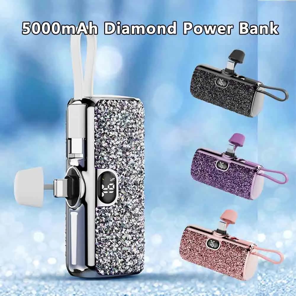 5000mAh Mini Diamond Power Bank Portable Capsule Power Bank Digital Display External Battery Fast Charger For iPhone Type-c