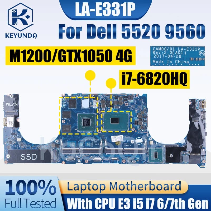 For Dell 5520 9560 Notebook Mainboard LA-E331P 0YH90J 0GDXD5 0HW7C4 0V90XP 03YC22E3 i5 i7 6/7th GPU 4G Laptop Motherboard