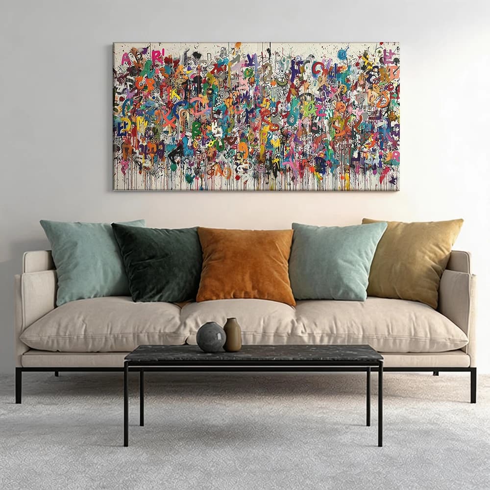 Painted on canvas with large wooden frame, 1 piece, abstract art work with letters, global theme.