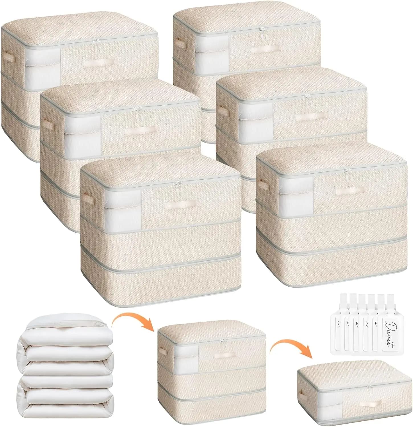 Set di 6 Sacchi di Compressione da 110L, Riutilizzabili e Lavabili, Salvaspazio per Coperte, Piumoni, Maglioni, Lenzuola, Beige