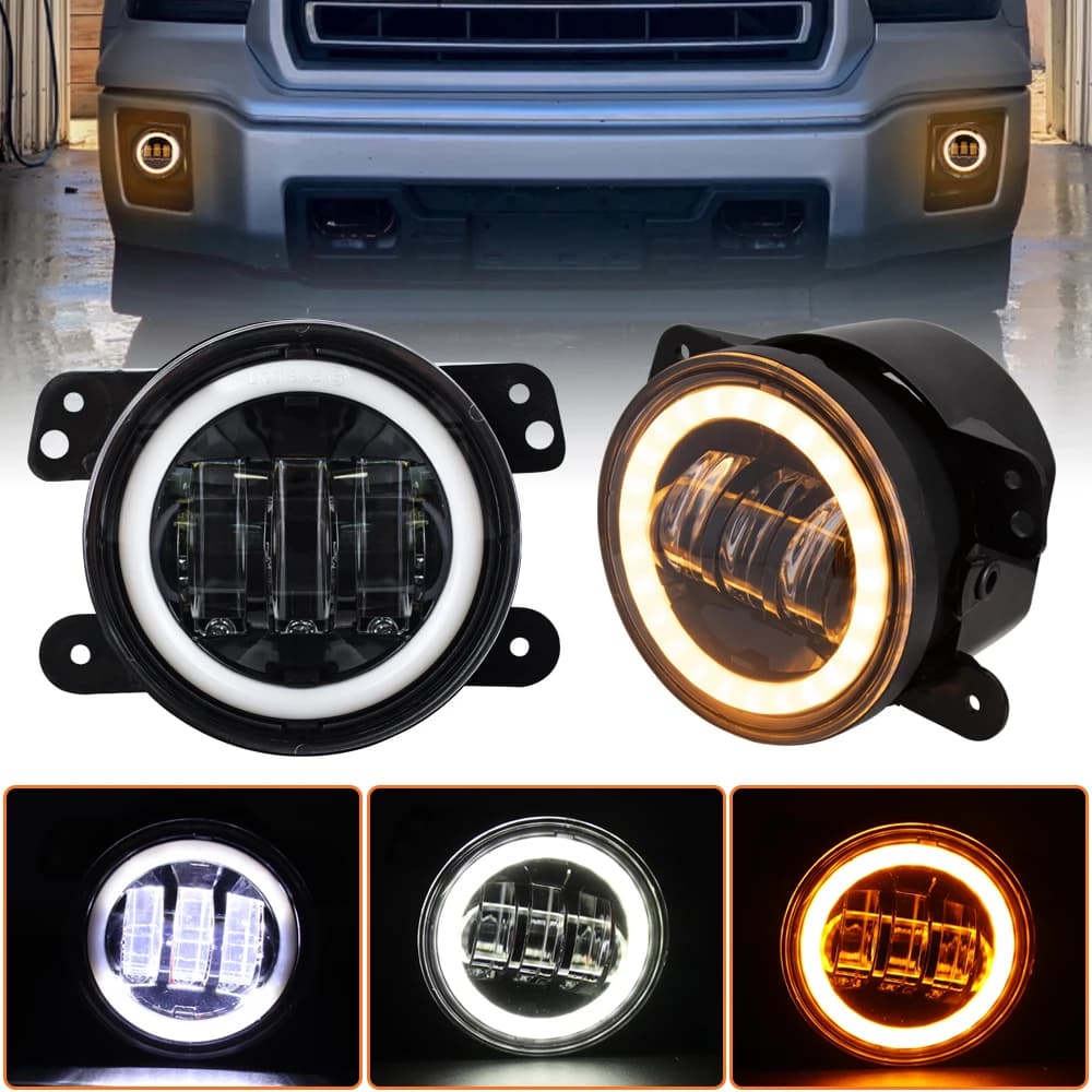 Una coppia di fendinebbia a LED da 4 pollici 60W luce di guida per auto rotonda con anello Halo ambrato bianco DRL fendinebbia fuoristrada per Wrangler JK TJ