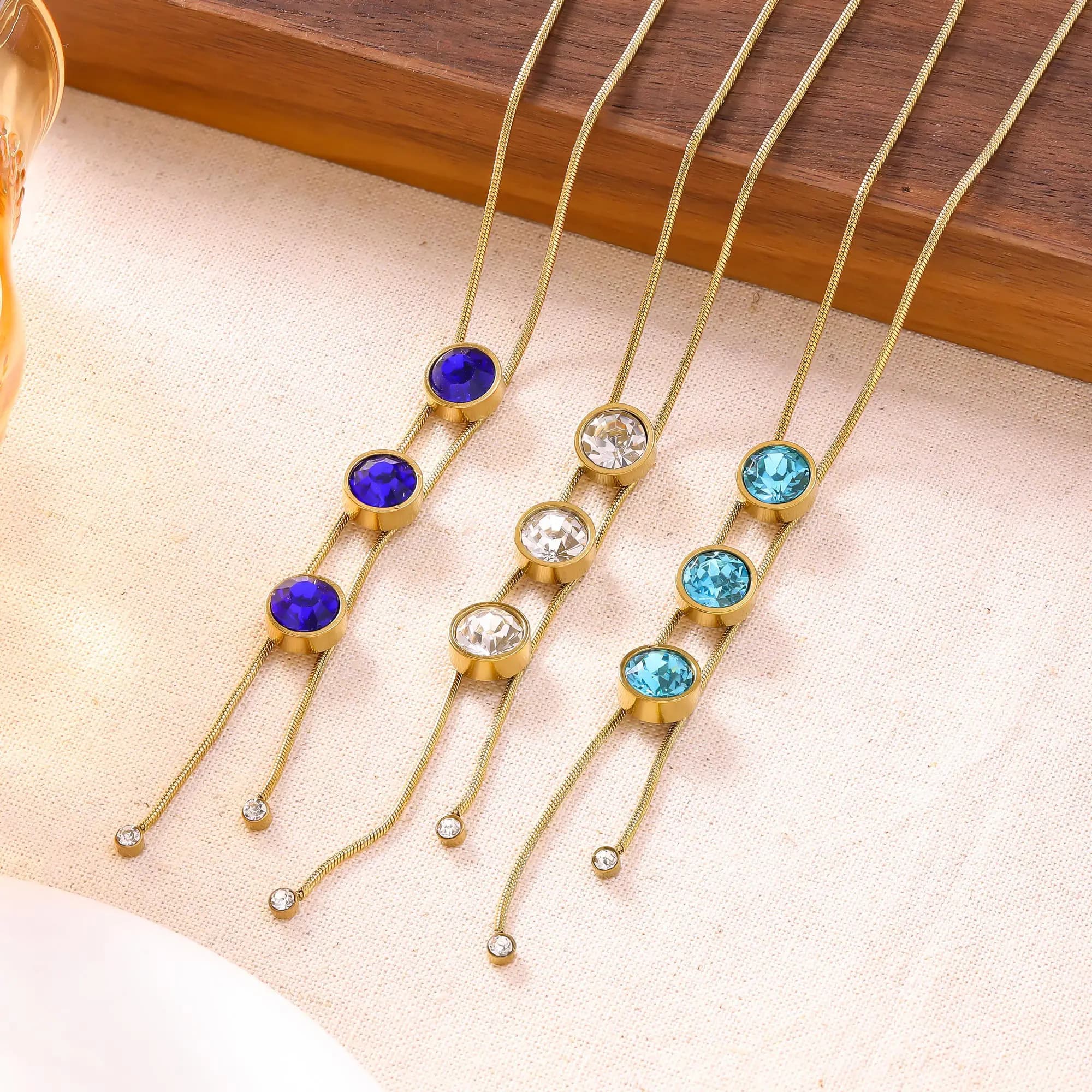 Stainless Steel Lariat Necklace Gold Plated with Crystals, Y Chain with Round Blue Gem, Hypoallergenic Delicate Jewelry